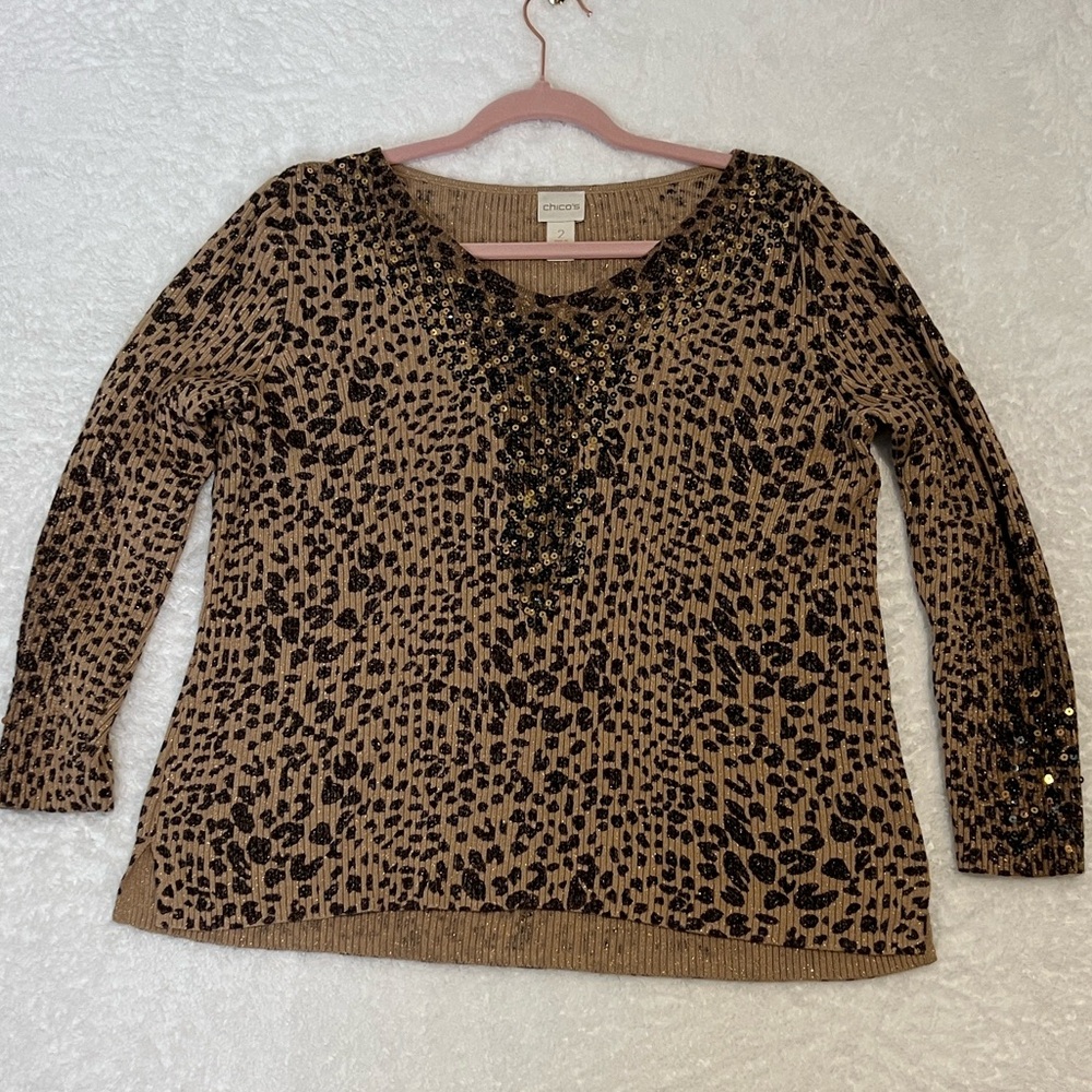 Chico's Large Tan and Black Animal Print pull over‎ Sweater sequins Versatile
